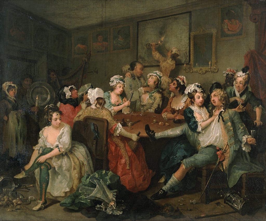 A painting by William Hogarth showing an orgy in 18th century London