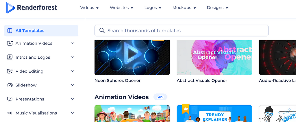 Renderforest categories and video templates