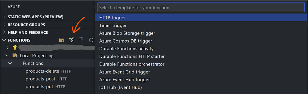 Screenshot of New Function App creation on Github Codespaces under the Azure tab. Arrow points to the “Create Function” option under the Functions folder. Cursor is hovering on HTTP trigger template in the dropdown.