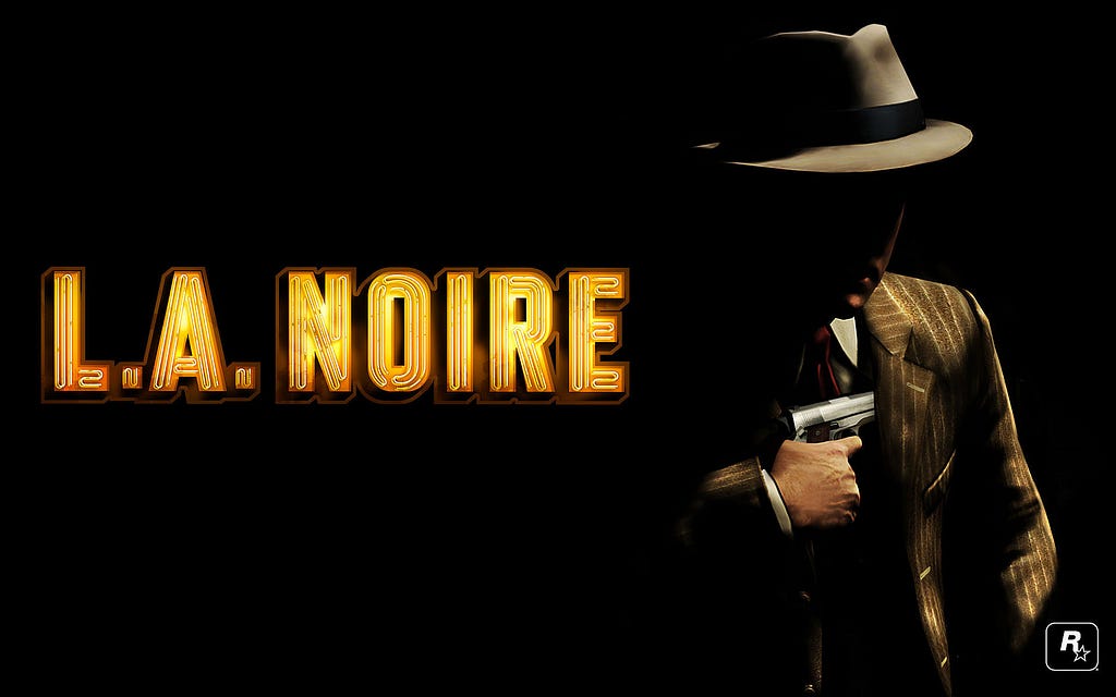 L.A. Noire’s logo to the left; to the right, a man suited in a 1950’s style, with a gun in his right hand, puttint or taking it from his clothes.