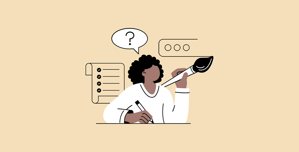 Illustration showing a designer with speech bubble over their head and user interface iconography in the background. The speech bubble contains a question mark.