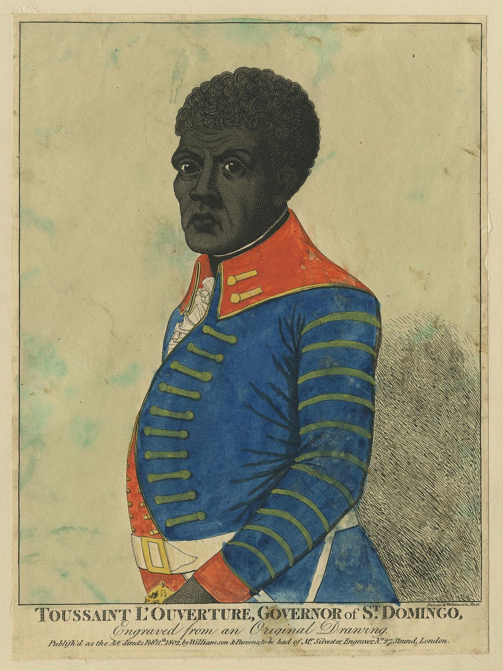 Coloured illustration of Toussaint Louverture, Governor of St. Domingo, wearing a blue and red military jacket.