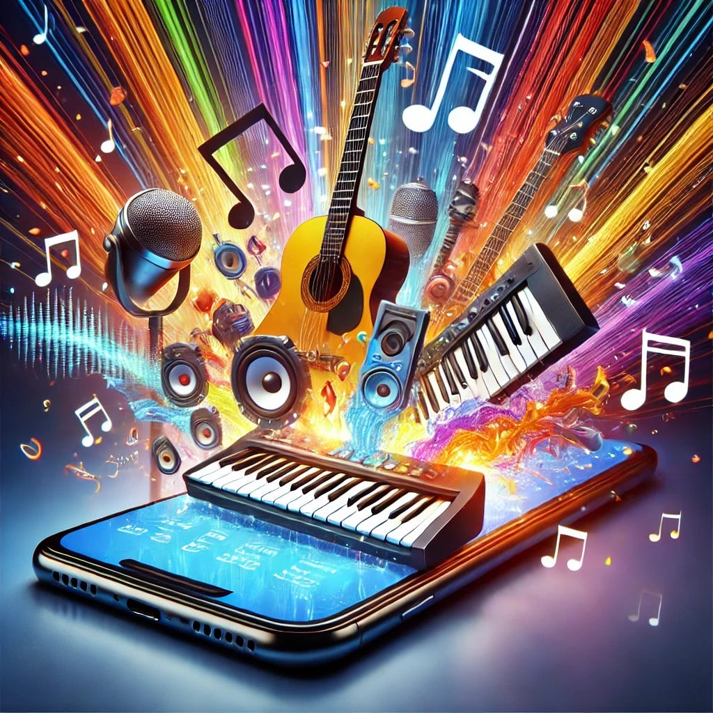 a smartphone as a music studio, with musical instruments like guitars, keyboards, and microphones popping out of the screen, surrounded by colorful sound waves