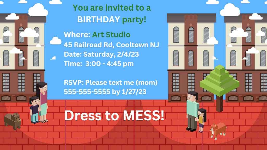 An invitation to a child’s birthday party is depicted. It states that “You are invited to a birthday party!” It takes place at a fictional Art Studio in Cooltown, NJ.