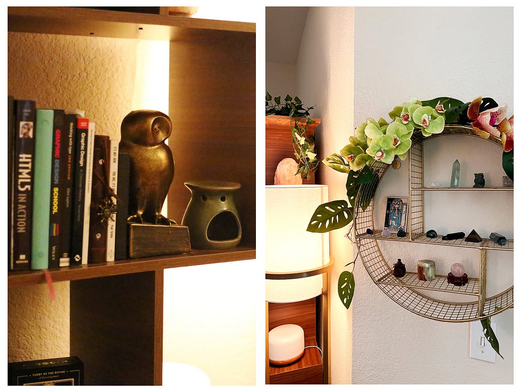 On the left, an image of an owl book end next to books and an oil diffuser. On the right, a circular brass shelf which contains crystals, draped in orchids and leaves.