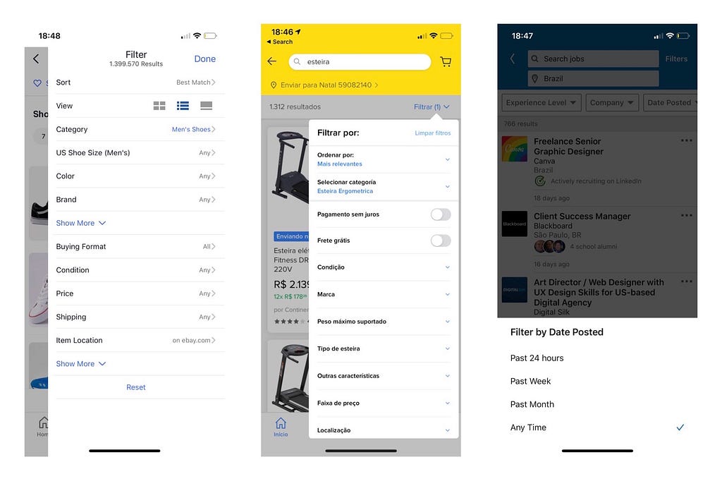 eBay, Mercado livre and LikedIn faceted searches screenshots