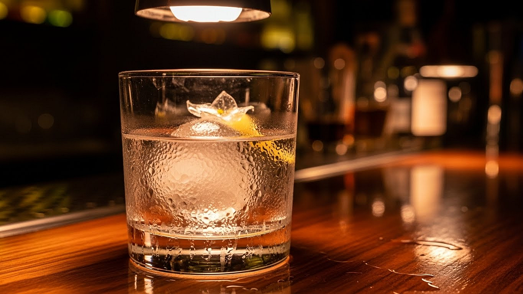 A chilled cocktail glass on a bar counter, glowing softly under warm lights.