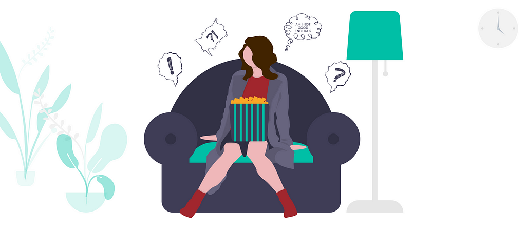 An illustration of a girl sitting on a sofa with a bowl of popcorn, but with a perplexed expression and thoughts of self doubt surrounding her