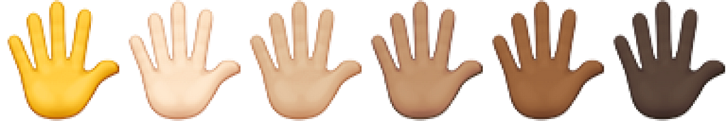 Seis emojis de palma da mão, cada um com tom de pele diferente