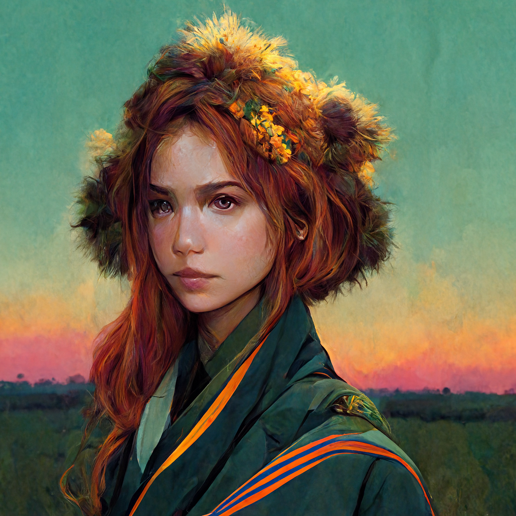 digital art portrait of girl with ginger hair and flowers in her hair on a field at sunset