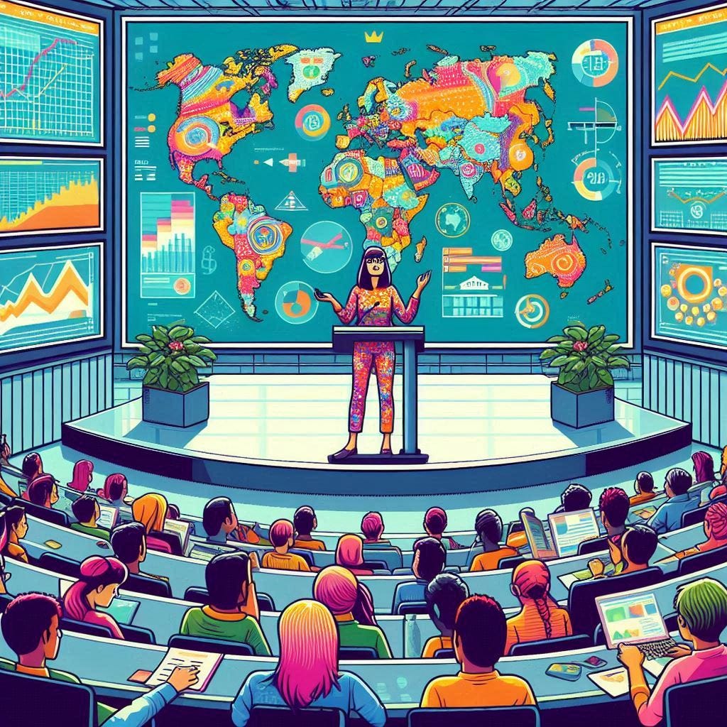 AI generated image of a professor with colourful trendy clothes in front of a large lecture hall, lecturing on global politics. Behind her on 5 large screens there are charts, maps, data and videos. The lecture hall is filled with 100+ diverse, engaged students. Chiptune style. (Source: Image Creator from Microsoft Designer)