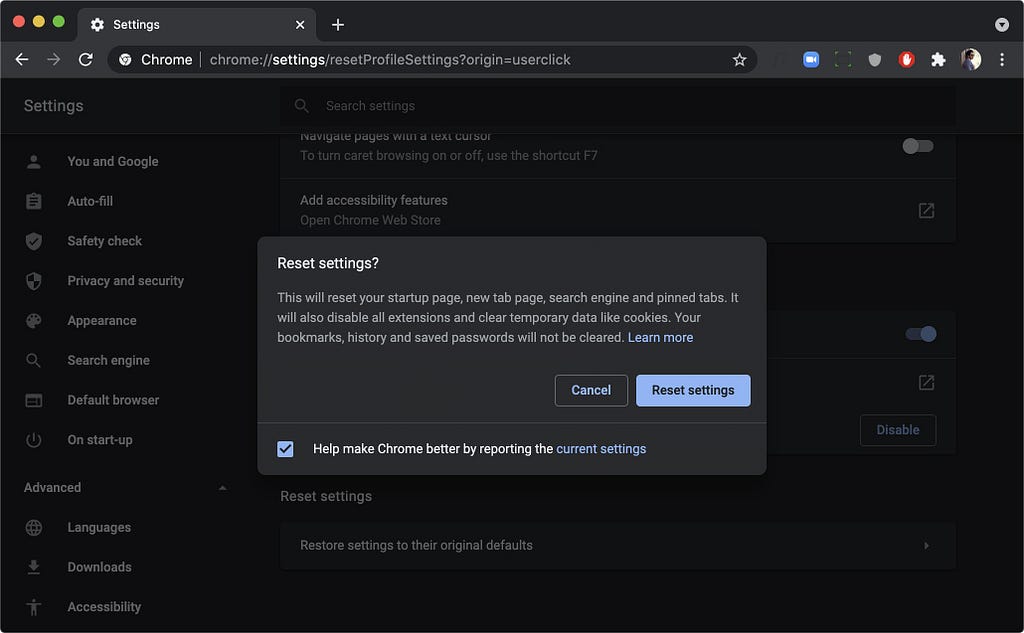 Google Chrome reference for the reset settings functionality