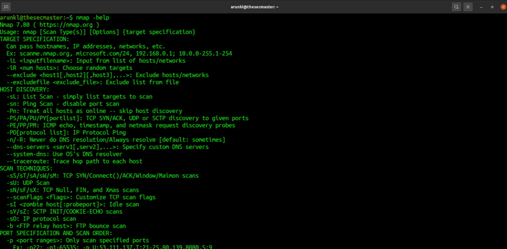 Nmap help command output on Linux screen