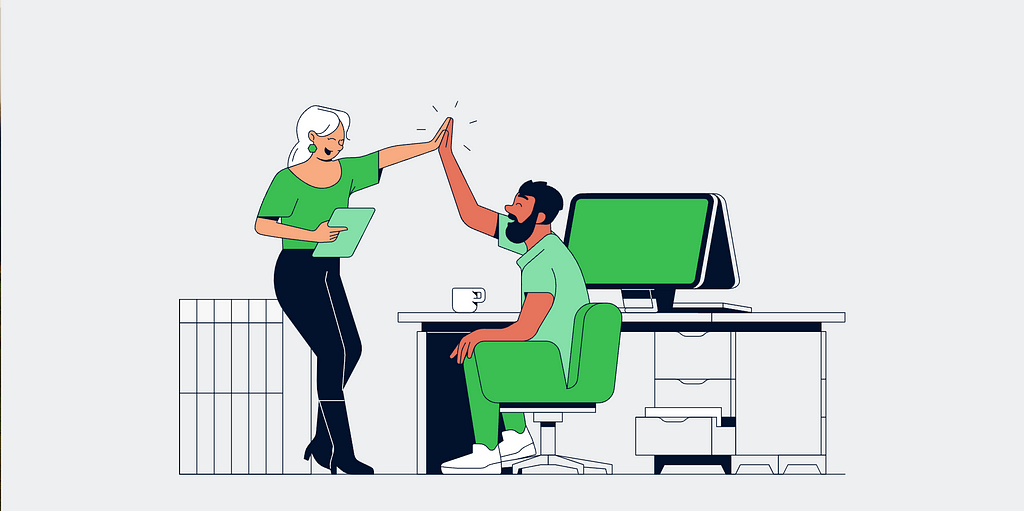 illustration of two co workers sharing a high five. One sitted by the laptop and the other standing