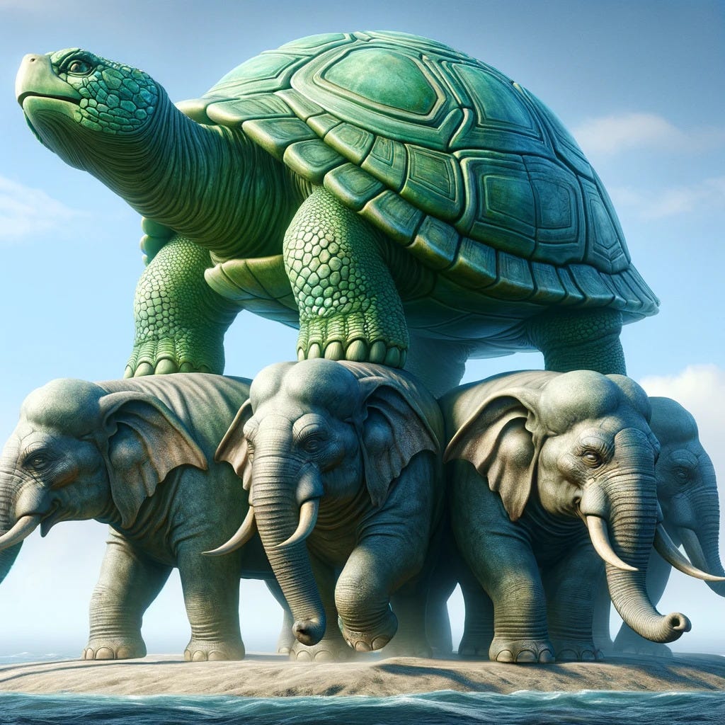 A mythical scene featuring a green, giant turtle standing majestically on top of two large elephants.