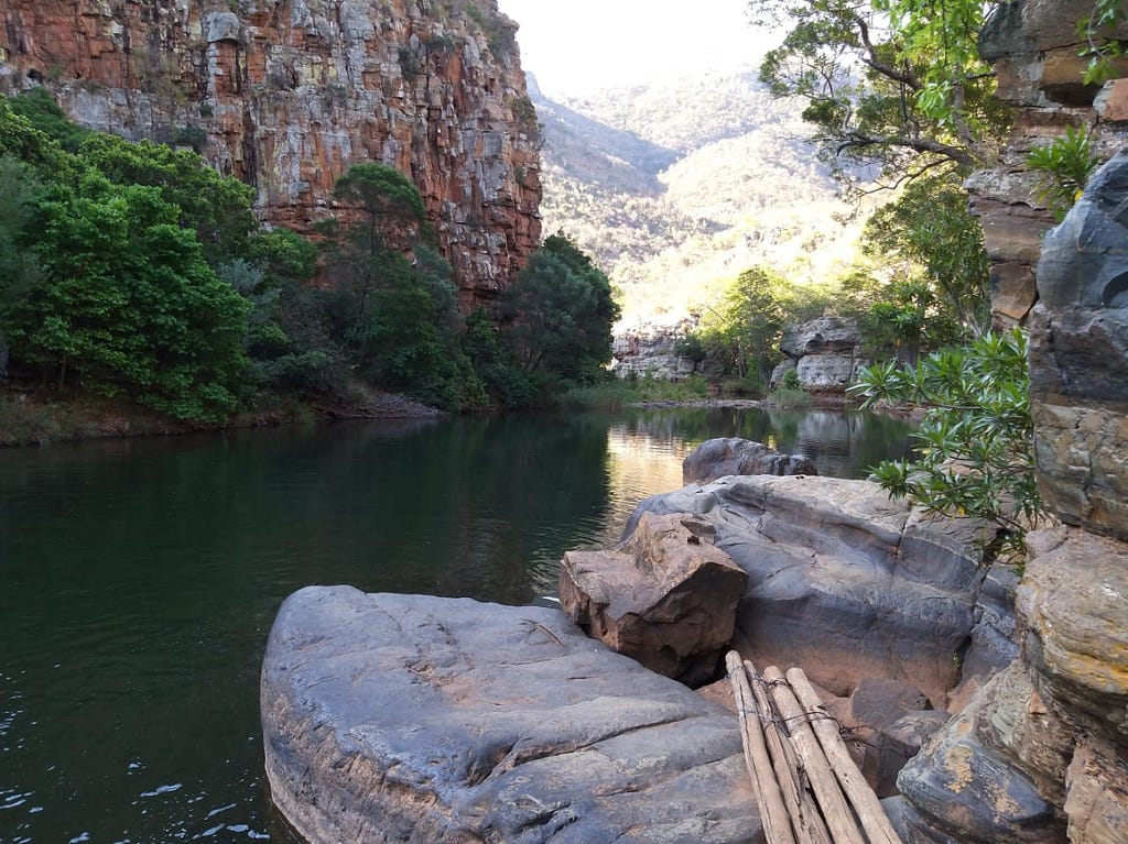 A scenic gorge with rocks, cliffs, green vegetation, a river and a mountain in the distance