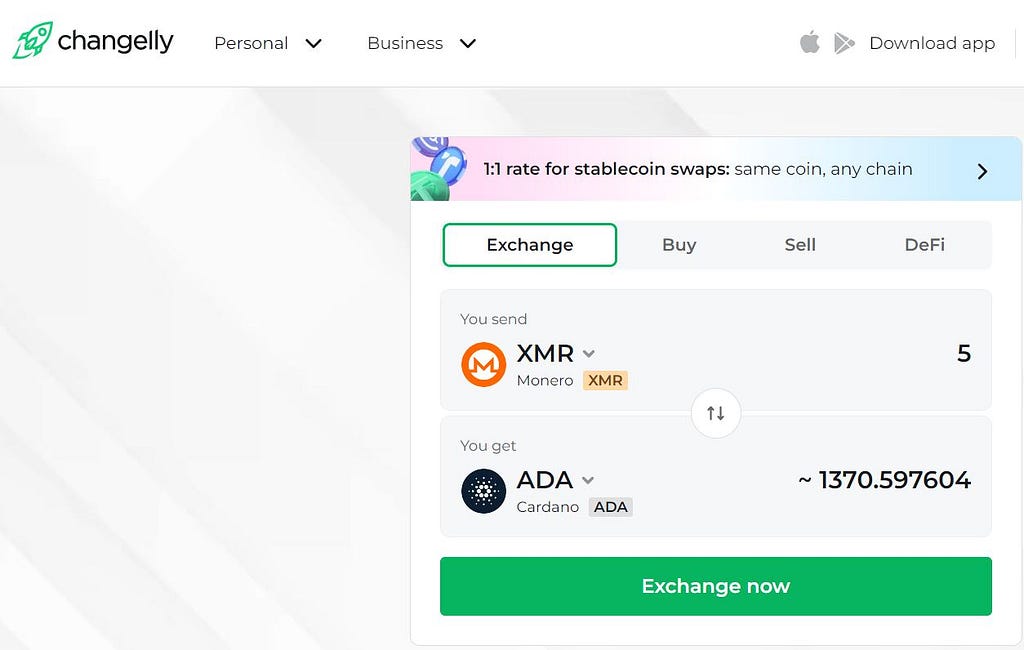 Swap Monero for ADA with Changelly