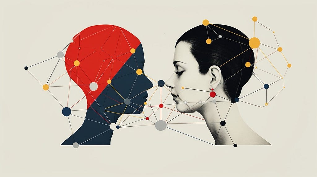 Two heads facing each other overlayed with a mesh of connected dots.