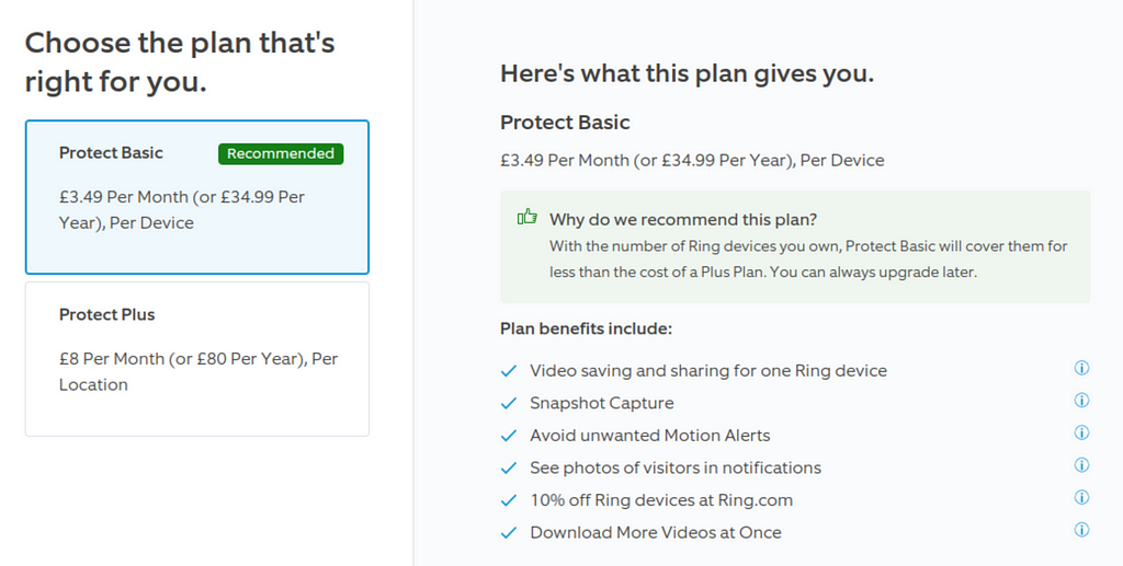 Ring protect plan costing £3.49 per month or £34.99 per year.