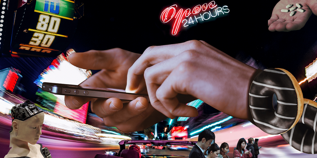Vivid visual montage of neons, pills, a robot, gambling, people staring at their phone and donuts.