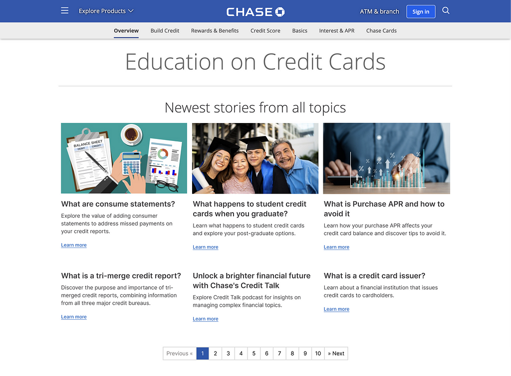 A mock image of the Chase website with improved information layout and revised pagination.