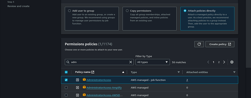 AdministratorAccess Policy selected in Permissions policies