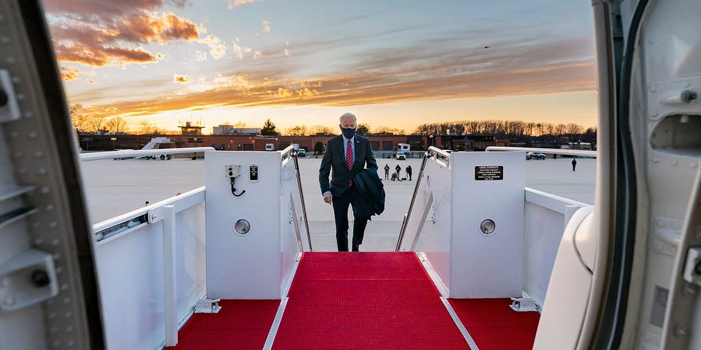 President Joe Biden boards Air Force One at Joint Base Andrews, Maryland, on Feb. 5, 2021.