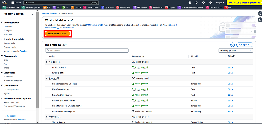 The Amazon Bedrock console “Model access” interface. It shows a summary containing a list of all the models available and the status for those you already have access to to or not. The image highlights the “Modify model access” button on the screen.