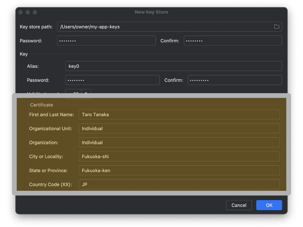 Lower part of the key store setting dialog