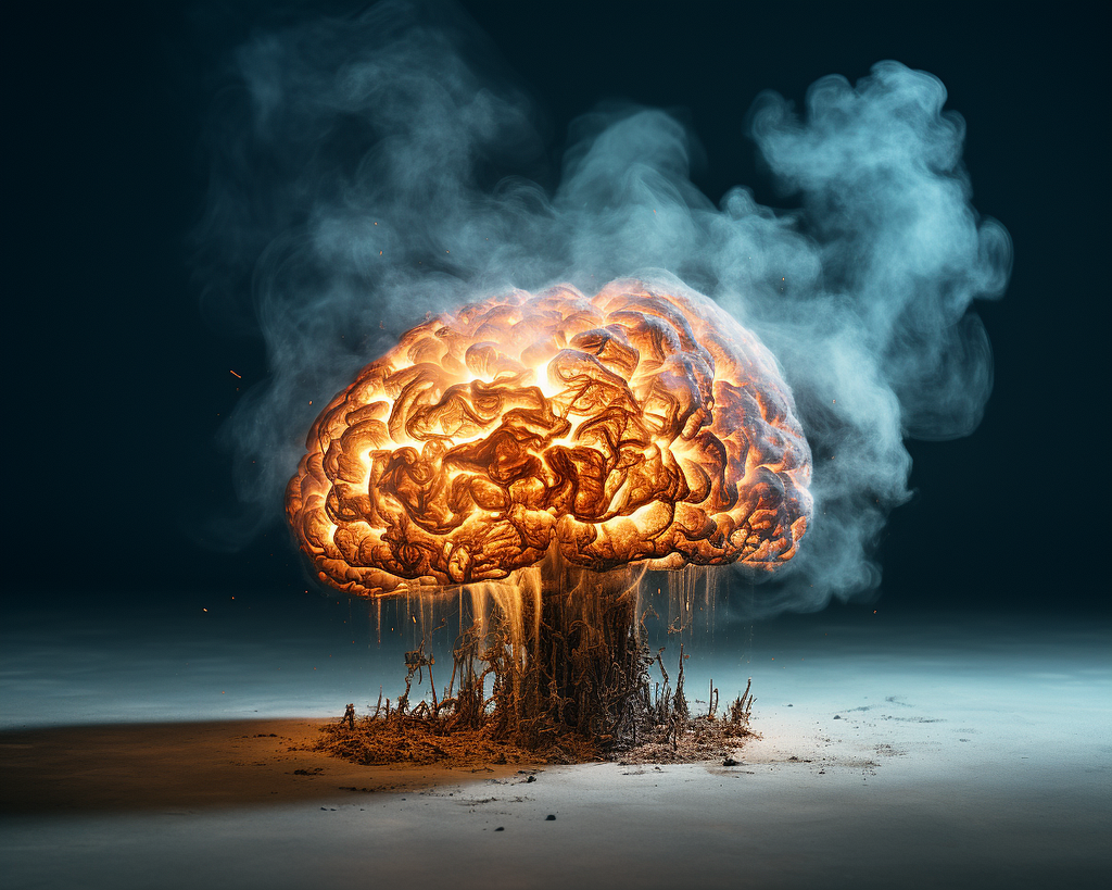 A brain on fire with smoke coming off of it, depicting burnout.