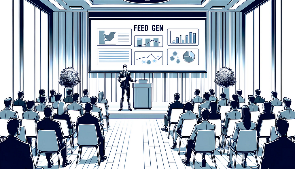 “Duotone illustration in white and blue of a presenter showcasing slides labeled ‘FeedGen’ to an attentive audience of diverse business professionals in a modern conference room. The audience members are actively engaged, with some jotting down notes, all enveloped in shades of white and blue.”