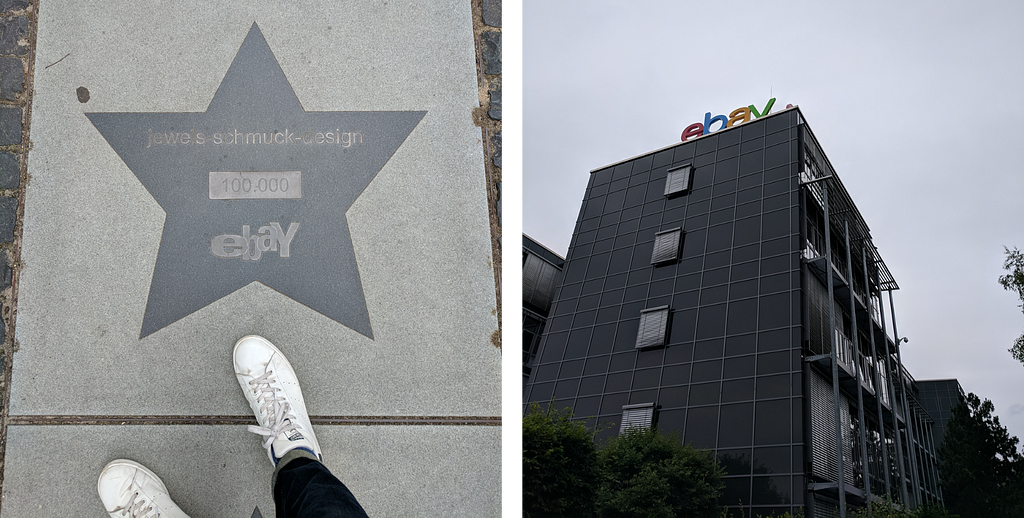 Person standing on a star with an ebay logo on it. Building with an ebay logo on top of it.