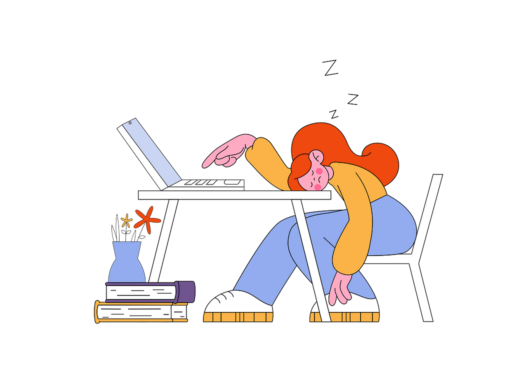 Illustration of a girl sleeping on her desk by her laptop