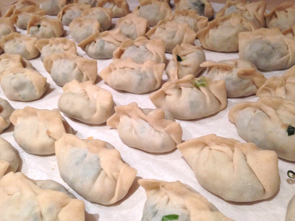 A close up of some home made uncooked Chinese dumplings with the caption, “dumplings for days!”