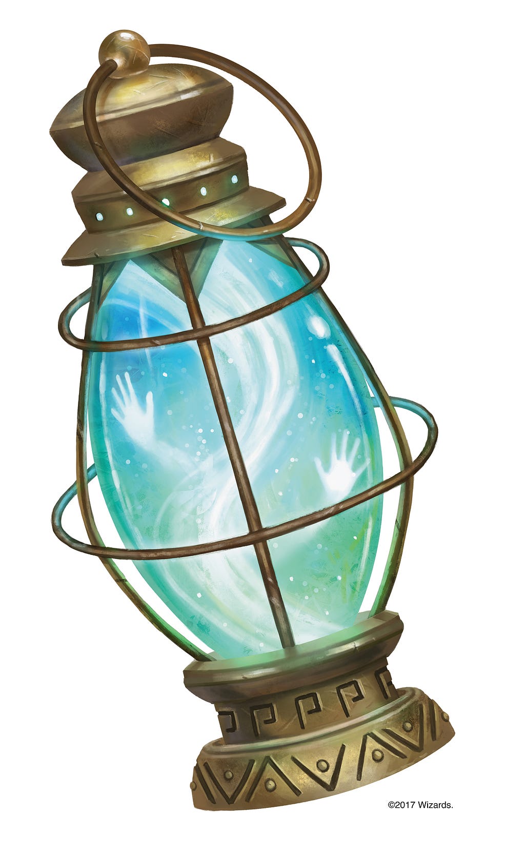 A golden lantern with a spirit inside of it.
