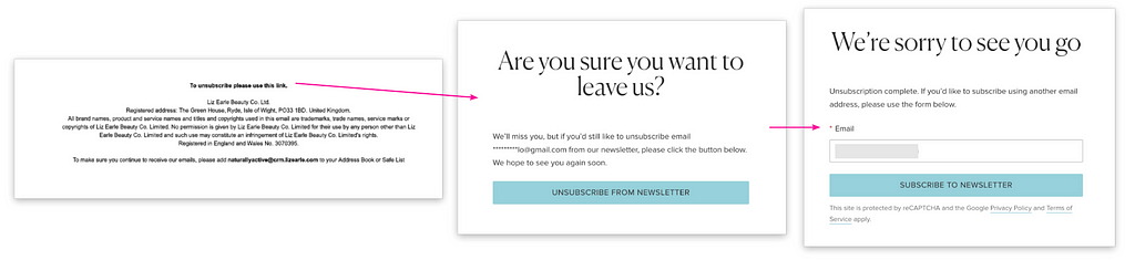 3 steps flow: the first screenshot is the bottom of the email with the unsubscribe link, then the confirmation page with this text: “Are you sure you want to leave us? We’II miss you, but if you’d still like to unsubscribe email from our newsletter, please click the button below. We hope to see you again soon. UNSUBSCRIBE FROM NEWSLETTER”, and at last confirm with the text: ”We’re sorry to see you go. Unsubscription complete. “