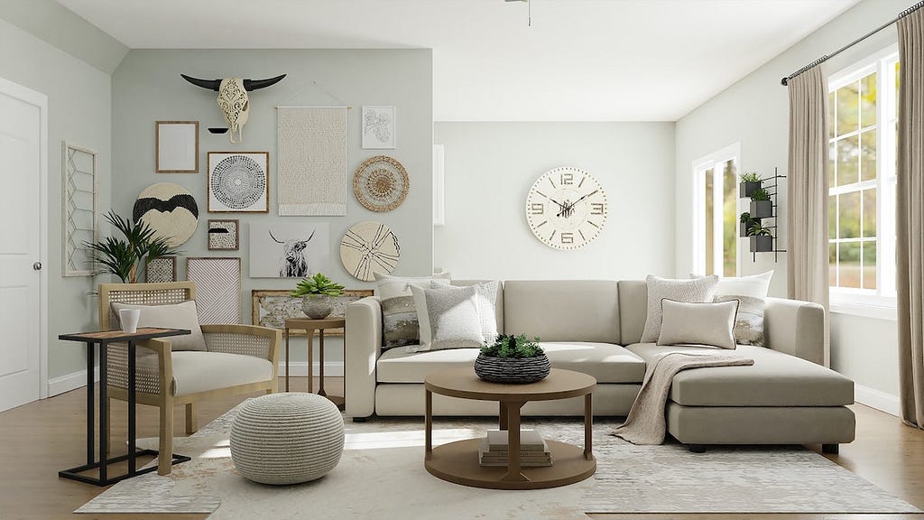 Image of a cosy living room with white and woody theme