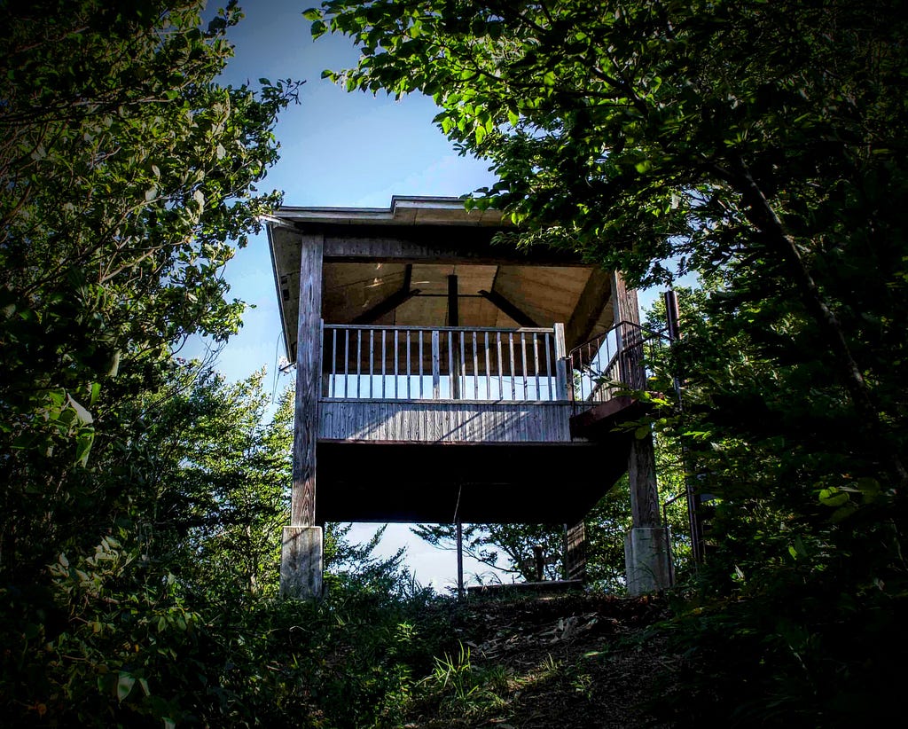 A wooden lookout at the summit of Mt. Kyogakura, one of the 100 Famous Mountains of Yamagata in Sakata City, in the Tohoku region of north Japan.