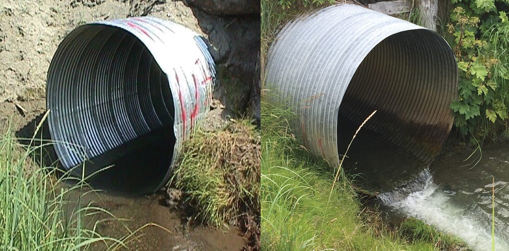 the same culvert side by side years apart. not the outlet is perched above the water surface