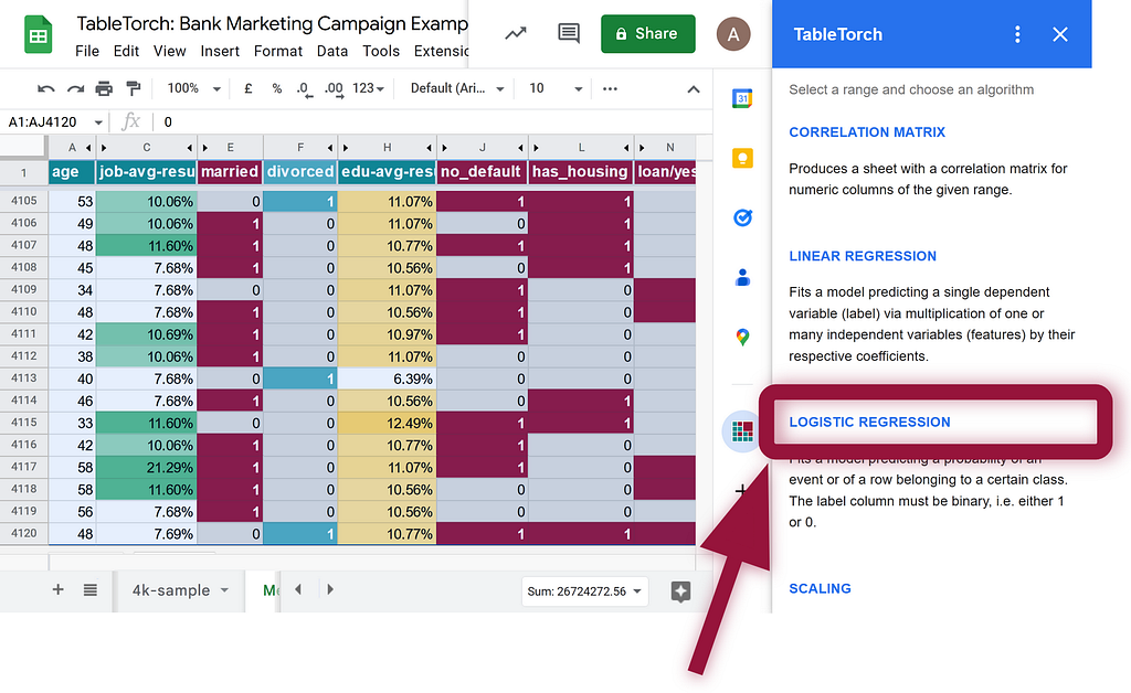 Logistic regression button on the main menu of the TableTorch add-on for Google Sheets.