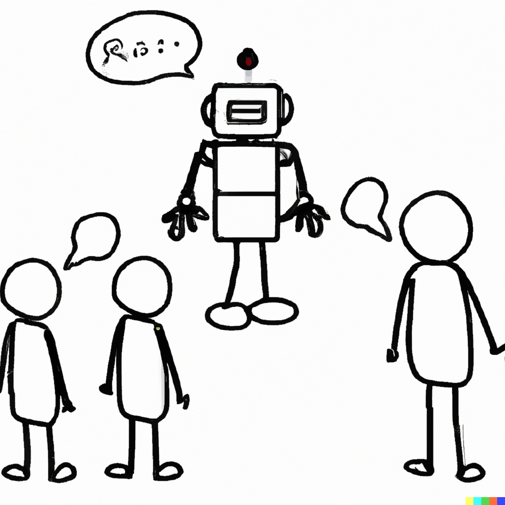 a stick figure diagram of a person talking to a robot, which is trying to talk to a group of people. however, the robot can’t talk, and instead the person has to shout around the robot