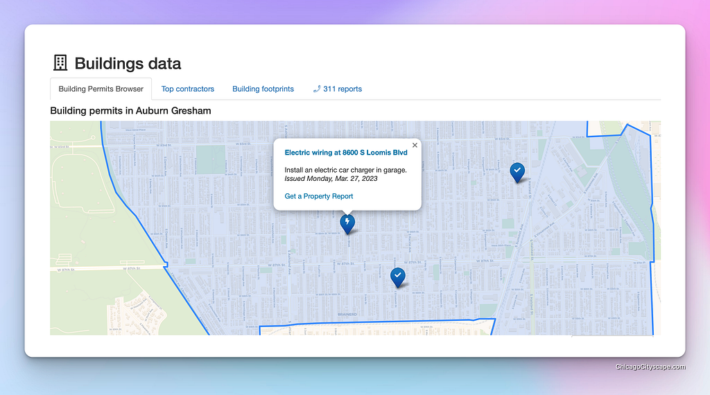 screenshot of a map of recent building permits in Auburn Gresham