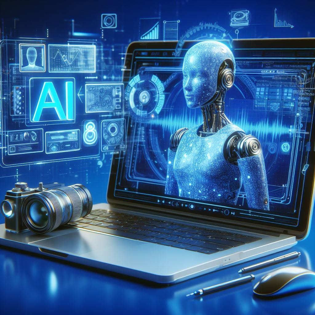 A 3D image depicting a laptop screen displaying an AI Sora robot engaging with the audience. The robot appears technologically advanced, with a sleek design and expressive features. This scene represents modern communication technology and human-machine interaction.