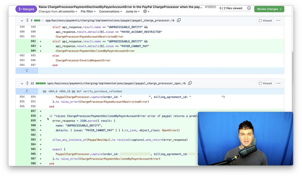 An image of me showing a diff, a screenshot from my code review course.