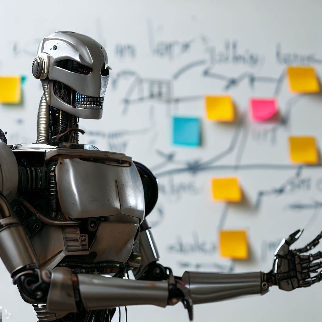 A Terminator style robot giving a presentation in front of a whiteboard covered in sticky notes and process diagrams.
