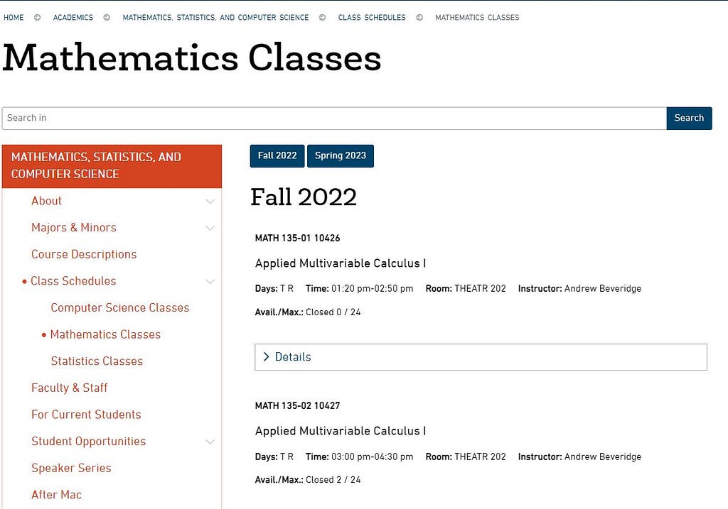The original website’s Fall 2022 and Spring 2023 class schedule page.