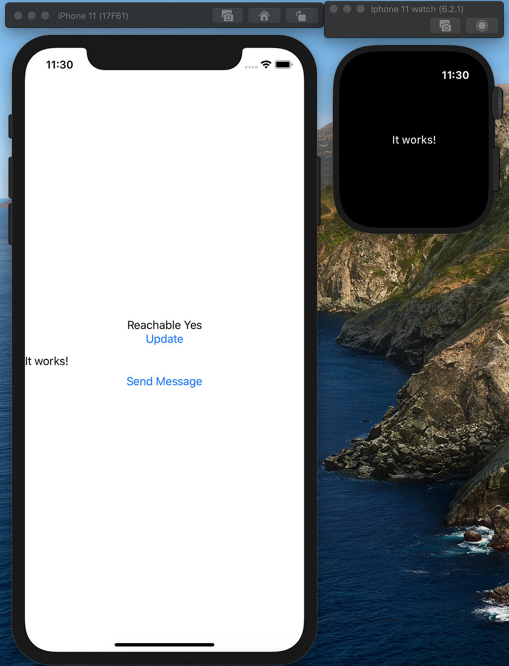 A screenshot of the watch simulator screen displaying the message, “It works!”