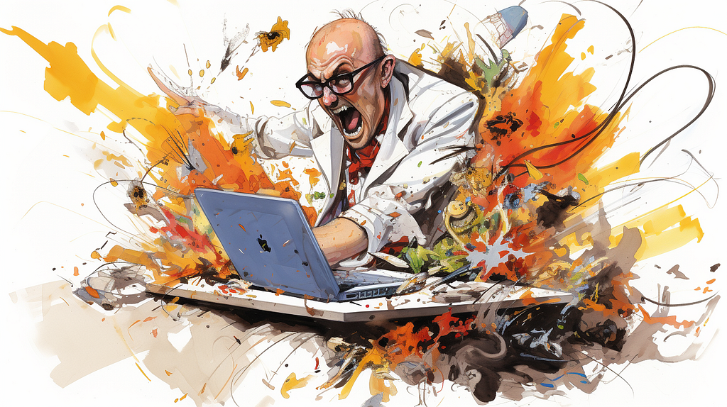 Midjourney image of a bald man in a lab coat screaming at his laptop.
