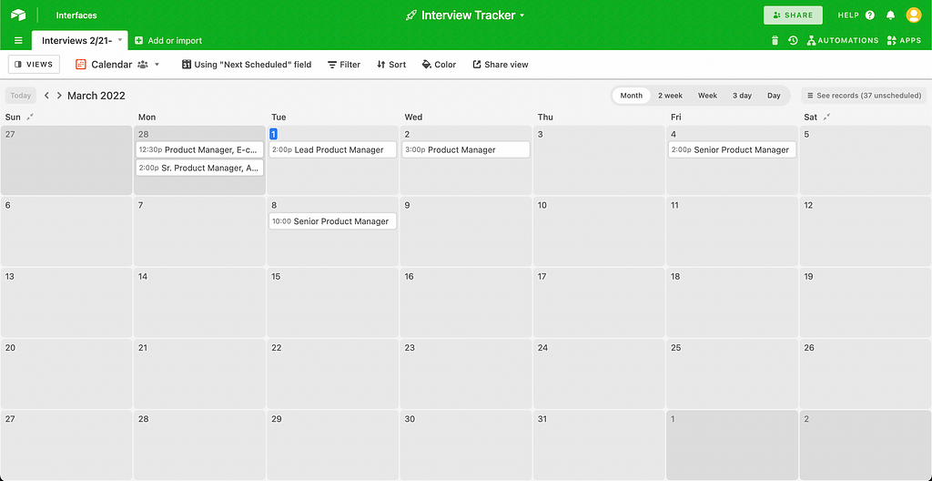 Screenshot of calendar view of job tracker database