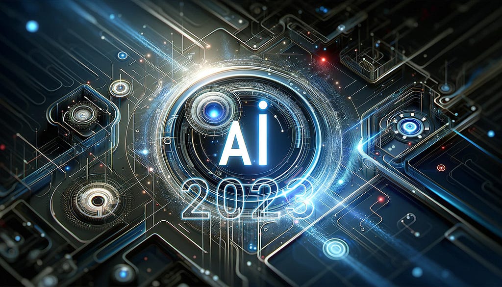 Digital illustration with a futuristic and technological theme prominently featuring the letters “AI” and the year “2023” in a bold, modern font. The background has a sleek, digital look, suggesting advanced technology and innovation. The overall design conveys a sense of progress and sophistication in the field of artificial intelligence.